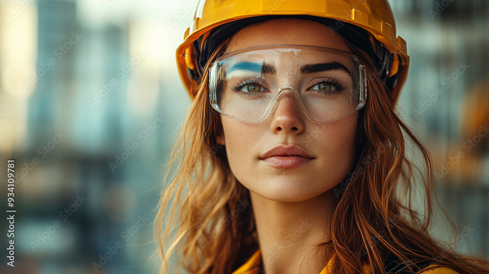 A construction worker woman wearing safety gear at a construction site ...