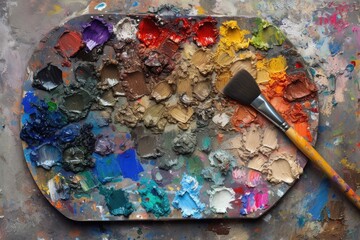 Poster - close up of paintbrush on palette, palette with variety of paint colors, symbolizing creativity in art