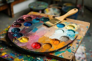 Poster - close up of paintbrush on palette, palette with variety of paint colors, symbolizing creativity in art