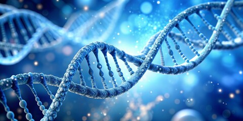 Blue DNA Helix with Glowing Bokeh, 3D Render, Medical Illustration, Genetics, Biotechnology, Science, Research