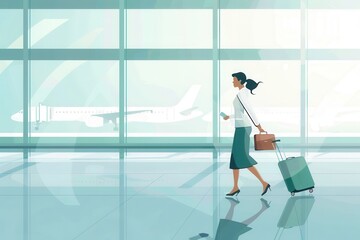 Aufkleber - A flight attendant strolls through the terminal with a suitcase and a briefcase, preparing for her next flight on a sunny day. Generative AI
