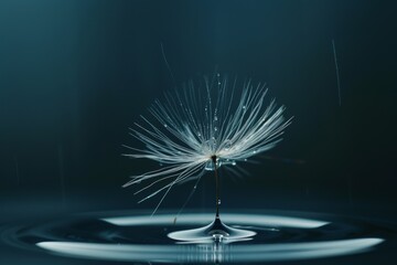 Leinwandbilder - dandelion with single seed blowing in the wind, photorealistic image of single raindrop landing on dandelion seed