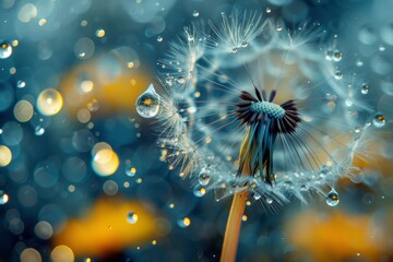 Leinwandbilder - dandelion with single seed blowing in the wind, photorealistic image of single raindrop landing on dandelion seed
