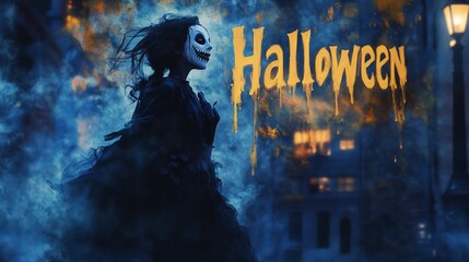 Wall Mural - woman in a maniac costume for Halloween. The inscription 