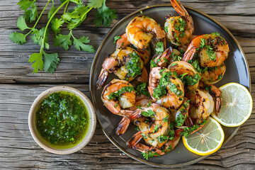 Canvas Print - Grilled shrimp with herb sauce and lemon