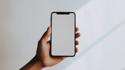 Aufkleber - hand of a user interacting with a smartphone featuring a blank screen, set against a minimalistic ba