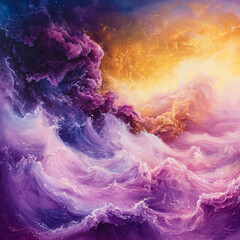 Wall Mural - a painting of a stormy sea with purple and yellow waves. the mood of the painting is intense and dra