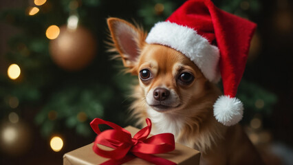 Wall Mural - A chihuahua wearing Santa Claus hat in front of a Christmas tree holding a present