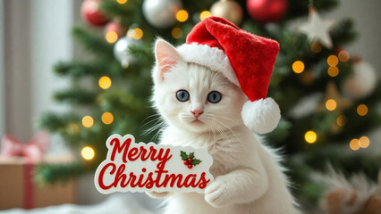 Wall Mural - A kitty wearing Santa Claus hat in front of a Christmas tree holding a Merry Christmas sign