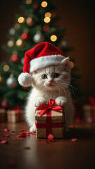 Wall Mural - A kitty wearing Santa Claus hat in front of a Christmas tree holding a present