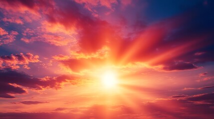 Poster - Intense sun rays glowing through a vibrant sunset sky with a mixture of fiery reds and soft purples,