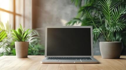 Poster - Laptop on wooden desk with plant in the background