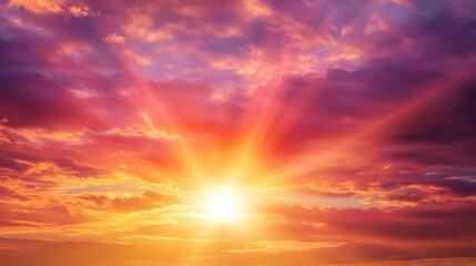 Poster - Intense sun rays glowing through a vibrant sunset sky with a mixture of fiery reds and soft purples,