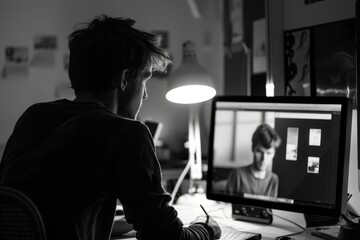 Aufkleber - man sitting at desk in front of computer, usability test reveals unexpected insights