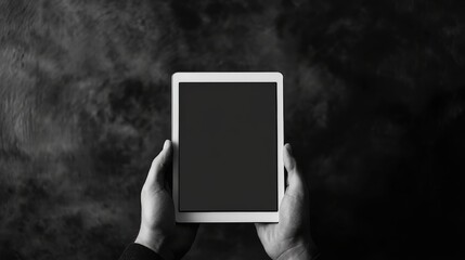 Poster - Person holding a tablet with a blank screen in front of a solid, monochrome backdrop