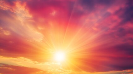 Aufkleber - Radiant sun rays filtering through a colorful sunset sky, blending shades of red and gold,