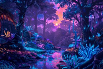 Aufkleber - forest with path and lots of flowers, vibrant, mystic forest filled with luminescent creatures and glowing plant life under neon night sky