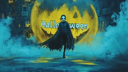 Wall Mural - woman in a maniac costume for Halloween. The inscription 