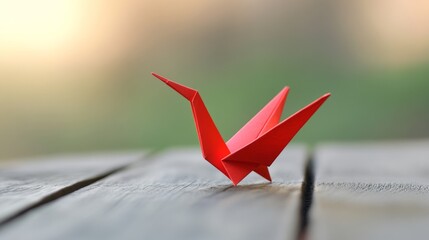 Single paper crane on wooden table