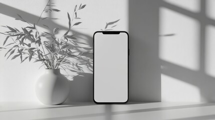 Poster - Smartphone placed on a clean, white surface with a blank display and minimal background elements