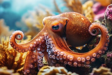 Close-up of an Octopus in its Coral Reef Habitat - A vibrant octopus with its tentacles curled around coral, showcasing its mesmerizing color patterns and captivating eye.  The image embodies marine l