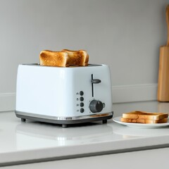 modern toaster, two slices of toast, minimalist kitchen, clean design, white background, simple composition, breakfast scene, soft lighting, bright and clean