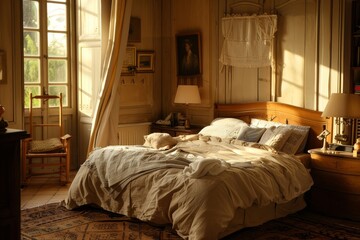 Aufkleber - bedroom with bed and window, warm ambiance of bedroom with essential pieces of furniture
