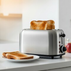 modern toaster, two slices of toast, minimalist kitchen, clean design, white background, simple composition, breakfast scene, soft lighting, bright and clean