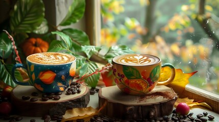 two bright colorful cups with latte art designs on top, placed on a wooden coaster