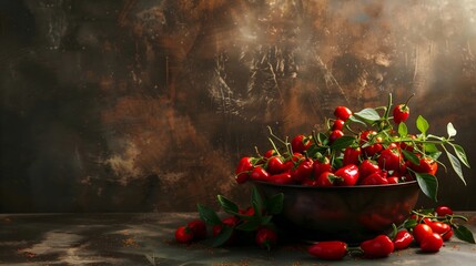 Wall Mural - Hot chilly peppers, bowl, rustic, restaurant, food magazine, copy space, dark background