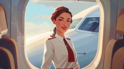 Aufkleber - The flight attendant greets travelers with a warm smile while standing by the airplane window as the sun sets behind. Generative AI