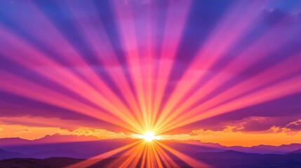 Poster - Sun rays spreading across a vivid sunset sky with hues of orange, pink, and purple creating a dramatic backdrop,