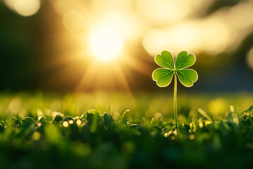 A green clover is standing in a field of grass. The sun is shining brightly on the clover, making it look like a symbol of luck and good fortune