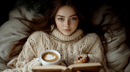 Aufkleber - Relaxation takes center stage as a young individual cozies up with a warm drink and a book, enveloped in soft textures and peaceful ambiance