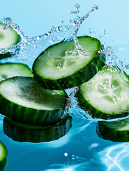 Wall Mural - Refreshing and vibrant: cucumber slices splashed with water against a blue backdrop