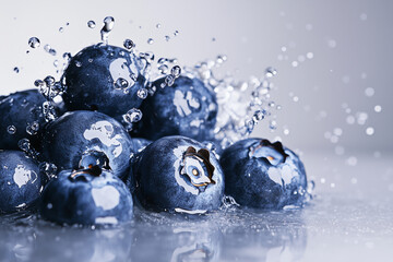 Wall Mural - Blueberries glistening with water droplets on a shiny surface, creating a vibrant and refreshing sight