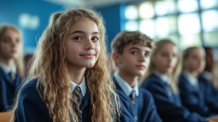 Poster - Students actively participate in a classroom discussion, radiating enthusiasm and engagement while seated in their smart uniforms