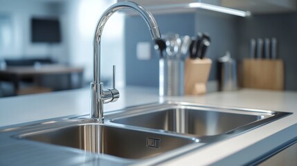 Modern Kitchen Sink with Chrome Faucet and Double Basin - A sleek and modern kitchen sink with a chrome faucet and a double basin, symbolizing cleanliness, functionality, and a contemporary design.