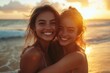 © Colorful Graphics - Two smiling friends hugging each other on the beach during sunset. Happy and Friendship concept, Generative AI