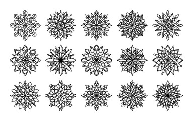 Mandala outline silhouette for paper cut, for laser cutting. Line art floral mandala set for coloring book, for coloring pages. Black ethnic mandala icon with flower geometric shape. Asian, Indian art