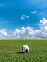 Soccer Ball on Green Grass Field Under Blue Sky with Clouds - A classic soccer ball rests on a lush green grass field, with a bright blue sky and fluffy white clouds in the background. This image symb