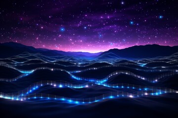 Wall Mural - Night Sky Landscape with Glowing Music Notes
