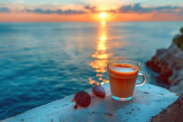 Wall Mural - A glass of coffee is sitting on a ledge next to a pair of sunglasses