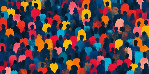 Colorful diverse people crowd abstract art seamless pattern. Multi-ethnic community, big cultural diversity group background illustration in bright, Generative AI