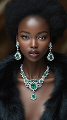 Sticker - A Ethiopian model wearing white gold diamond earrings and a necklace with emeralds, against a black background.