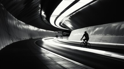 Black and white image of a silhouette cyclist on a bike riding through city streets at night with motion blur light streaks With copy space for text.