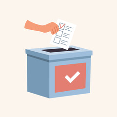 Wall Mural - Hand putting a vote ballot in the election box. Voting and elections concept. Illustration in flat style