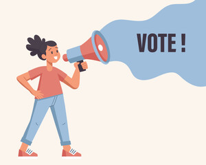 Wall Mural - Speaker with megaphone, loudspeaker in hand. Voting and elections concept. Illustration in flat style
