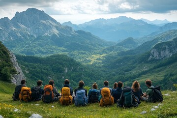 Wall Mural - Big group of tourists sits with raised arms at sunset lake, Generative AI