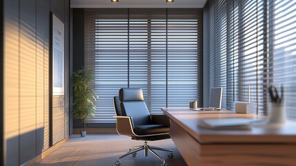 Wall Mural - Modern office interior with a sleek desk, ergonomic chair, and large windows during late afternoon light